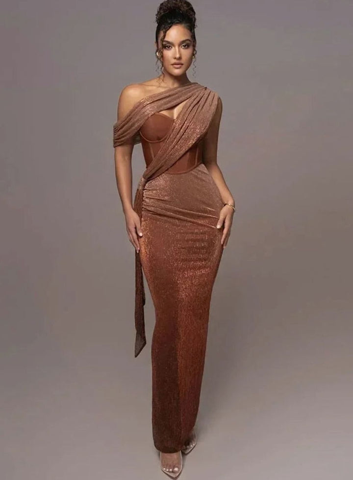 Women's Asymmetric Sequin One-Shoulder Formal Maxi Gown - Brown