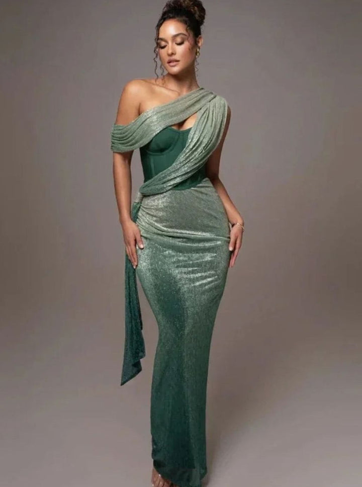 Women's Asymmetric Sequin One-Shoulder Formal Maxi Gown - Green