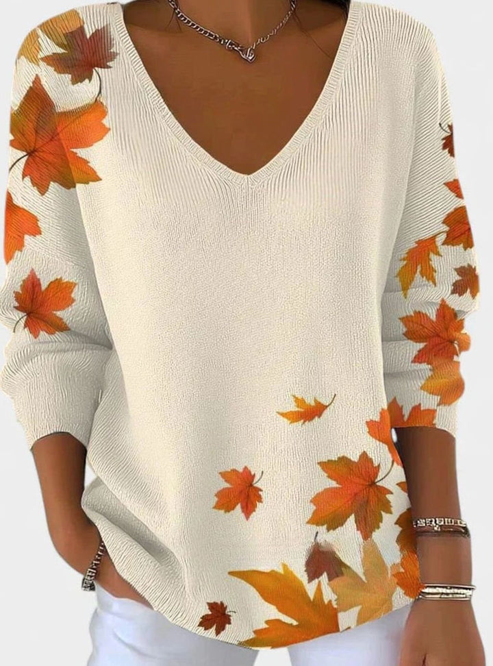 Women's Autumn Maple Leaf Print V-Neck Long Sleeve Sweater - White