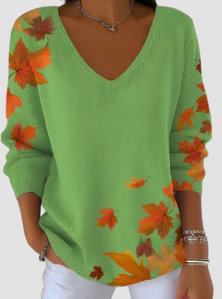 Women's Autumn Maple Leaf Print V-Neck Long Sleeve Sweater - Green