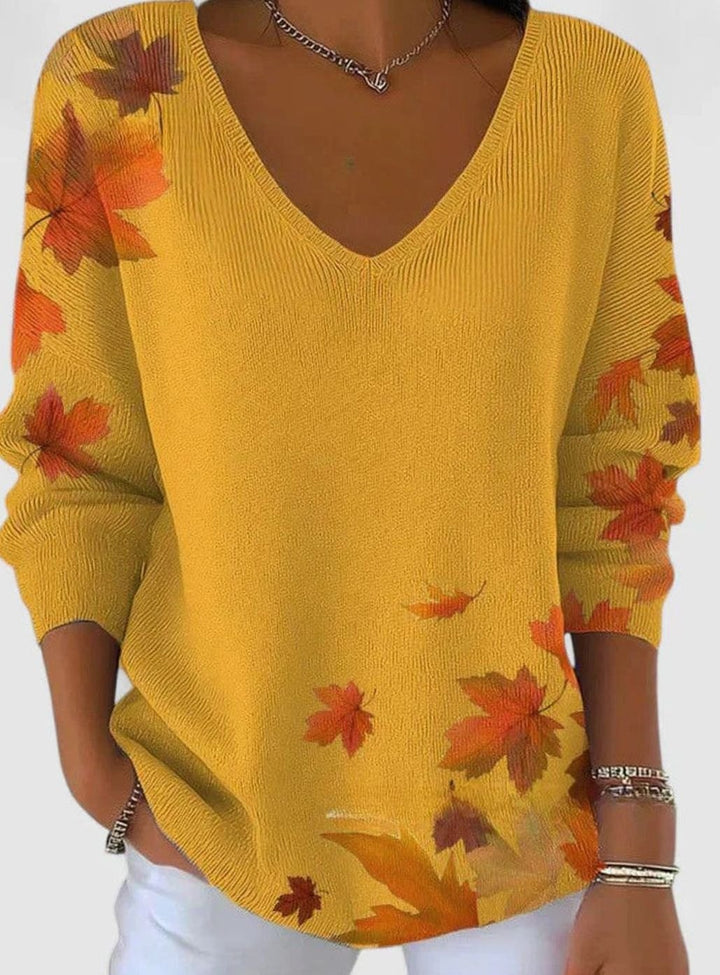 Women's Autumn Maple Leaf Print V-Neck Long Sleeve Sweater - Yellow