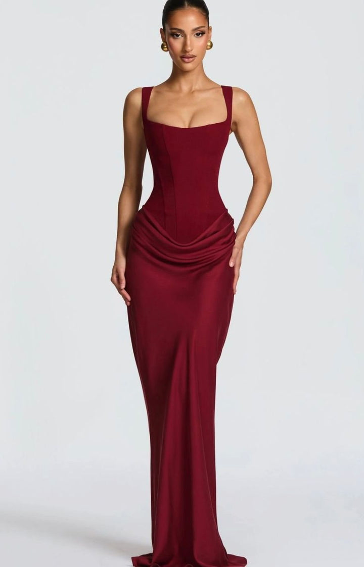Women's Backless Bodycon Square-Neck Maxi Dress - Burgundy