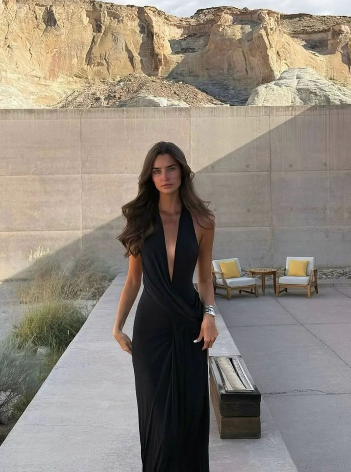 Women's Backless Halter-Neck Maxi Dress - Black