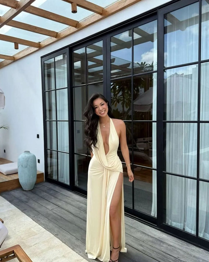 Women's Backless Halter-Neck Maxi Dress - Yellow