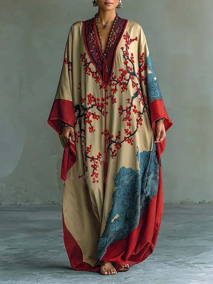Women's Batwing Sleeve Floral Print Maxi Long Sleeve Dress - Red