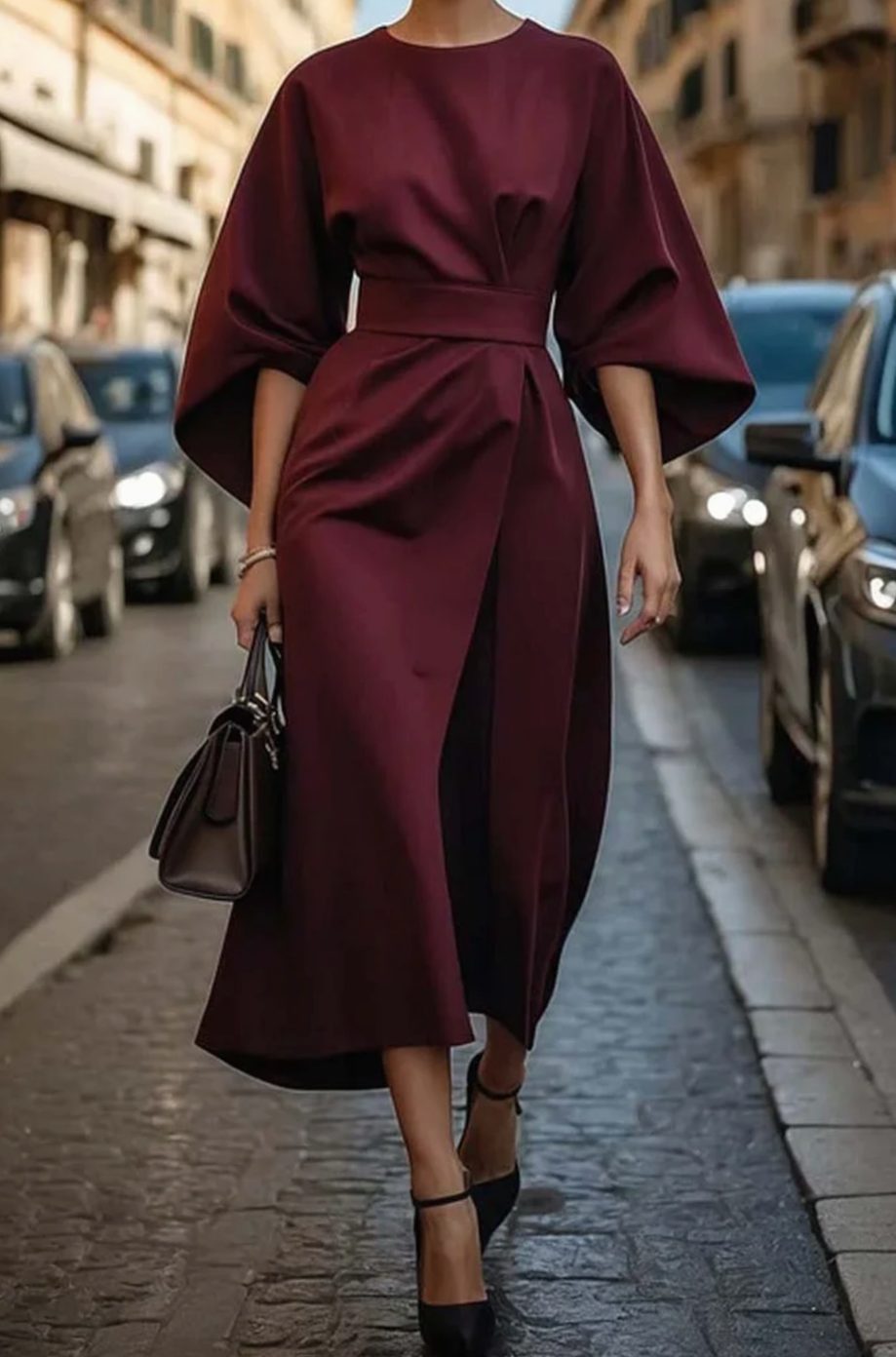 Women's Belted Lantern-Sleeve Midi Elegant Dress - Burgundy