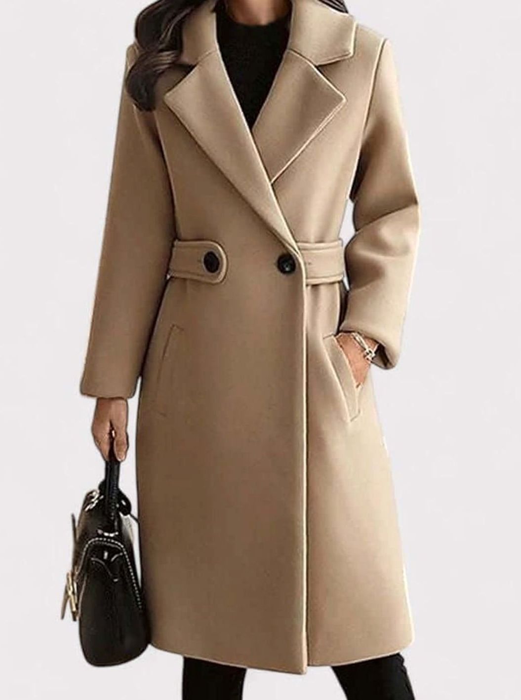 Women's Belted Longline Wool-Blend Winter Jacket Coat - Camel