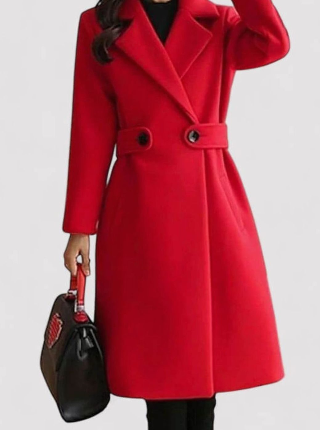Women's Belted Longline Wool-Blend Winter Jacket Coat - Red