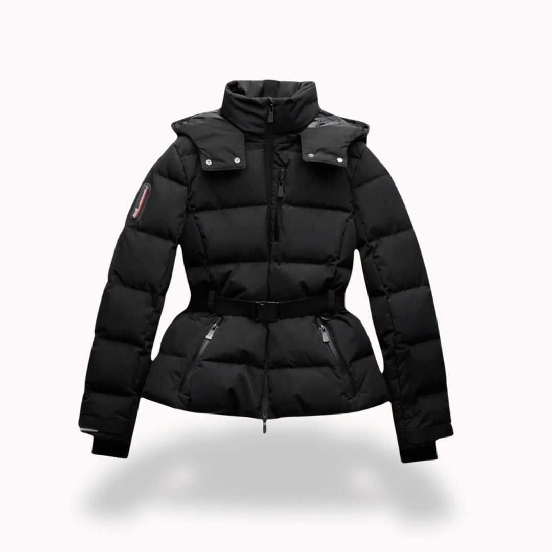 Women's Belted Quilted Puffer Coat Hooded Winter Jacket - Black