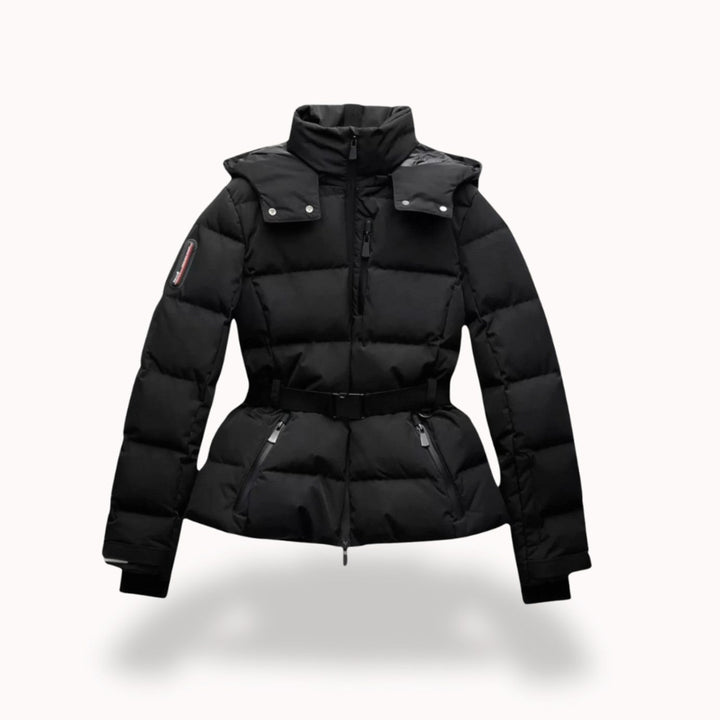 Women's Belted Quilted Puffer Coat Hooded Winter Jacket - Black