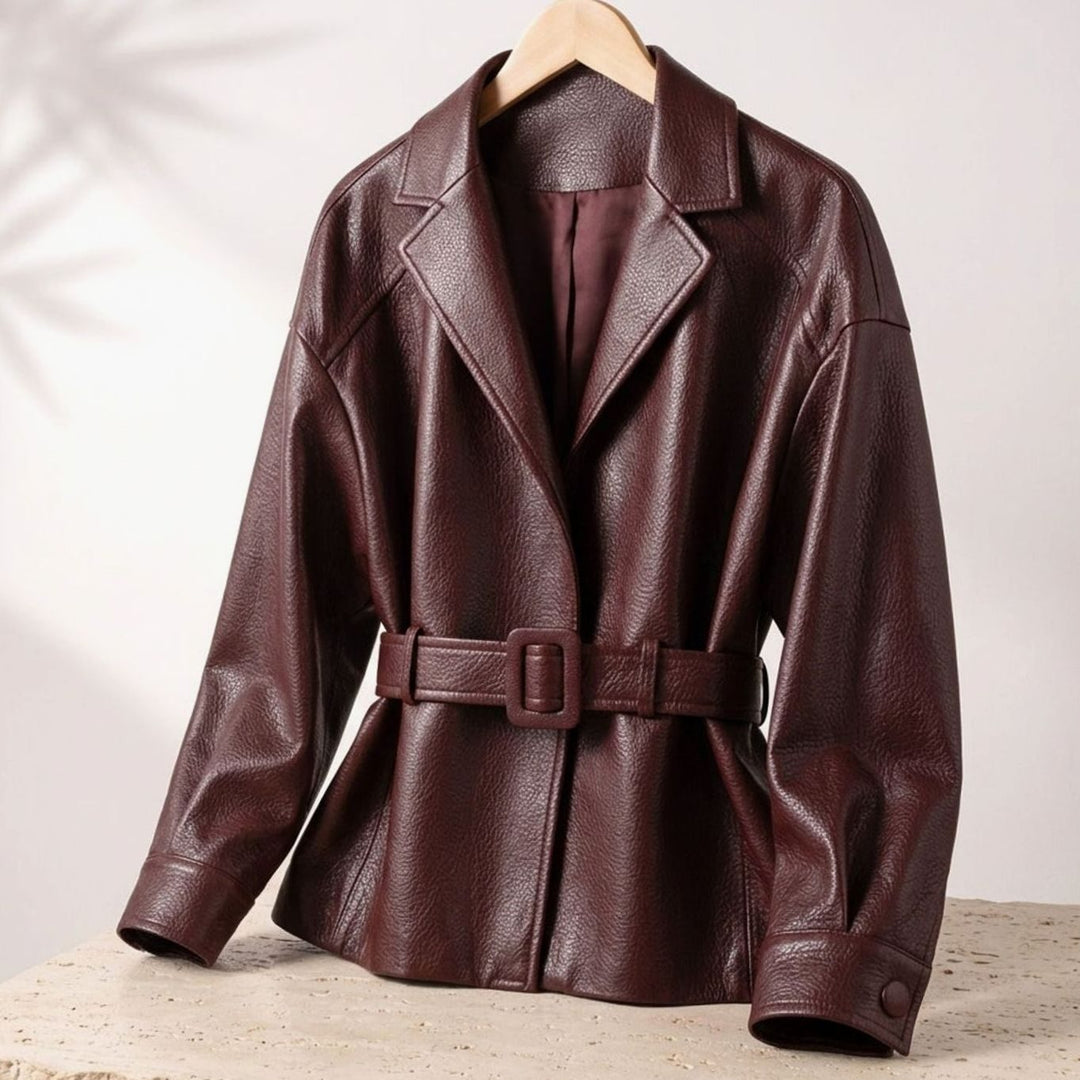 Women's Belted Sheepskin Leather Coat Tailored Blazer Jacket - Brown
