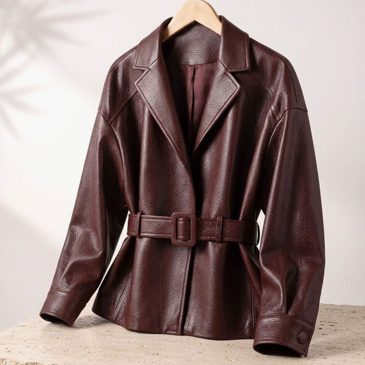 Women's Belted Sheepskin Leather Coat Tailored Blazer Jacket - Brown