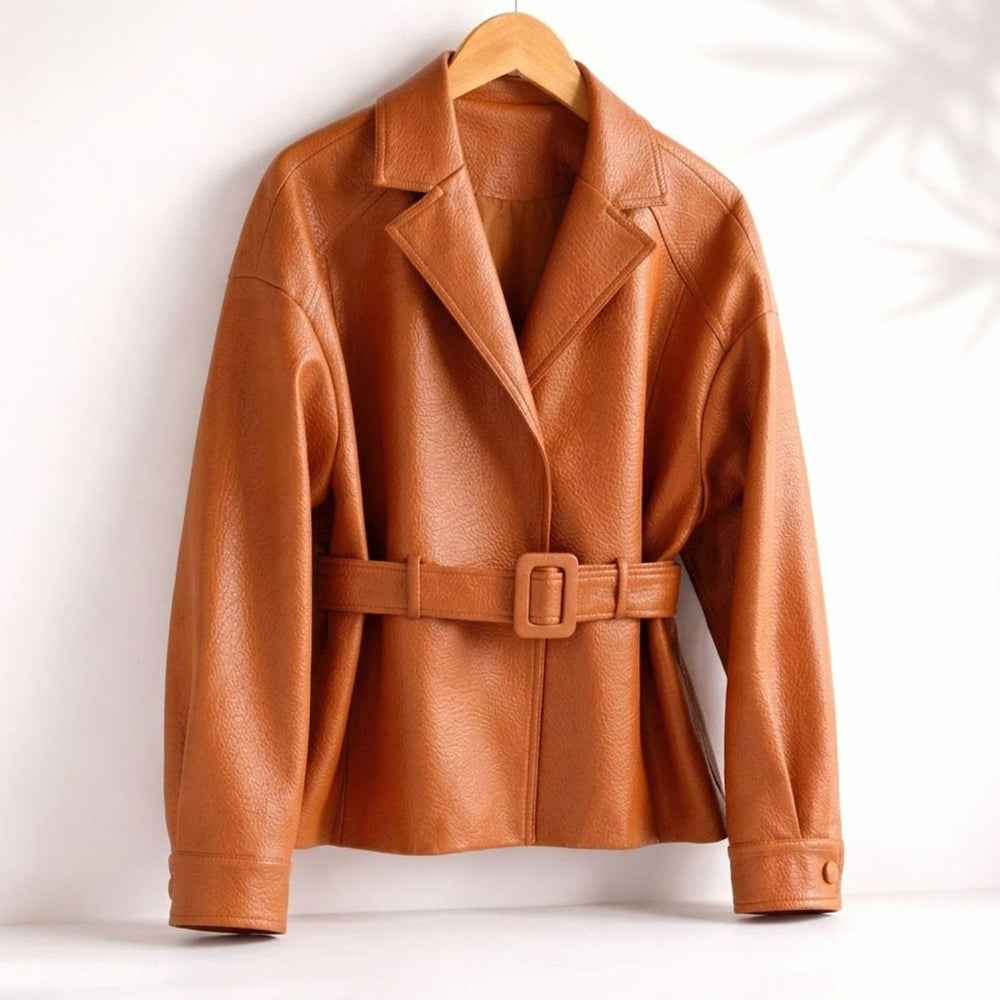 Women's Belted Sheepskin Leather Coat Tailored Blazer Jacket - Orange