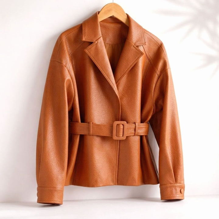 Women's Belted Sheepskin Leather Coat Tailored Blazer Jacket - Orange