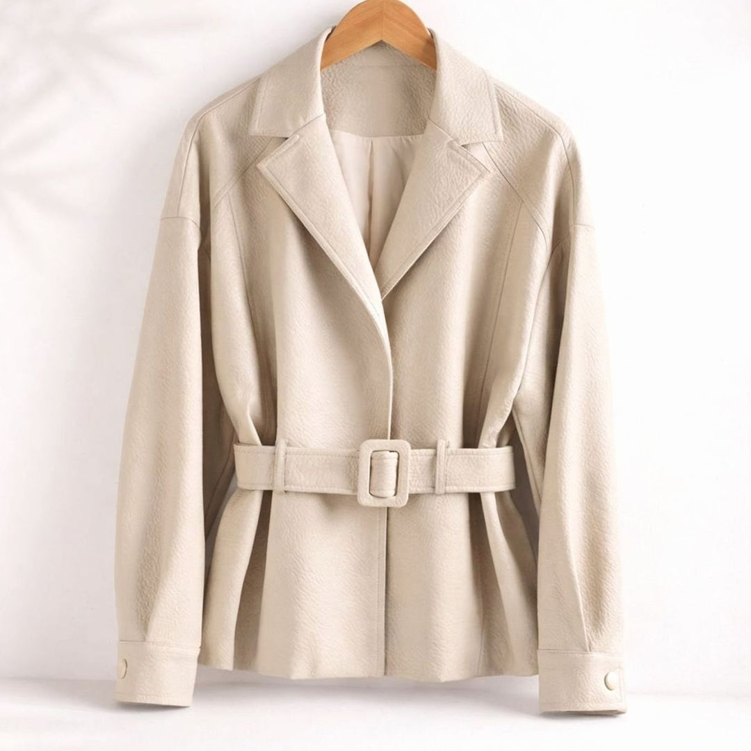 Women's Belted Sheepskin Leather Coat Tailored Blazer Jacket - Cream