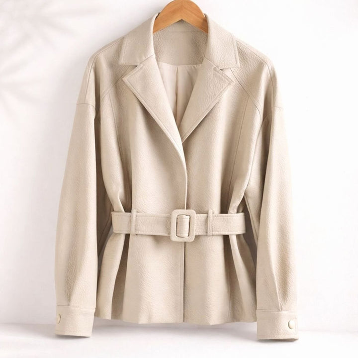 Women's Belted Sheepskin Leather Coat Tailored Blazer Jacket - Cream