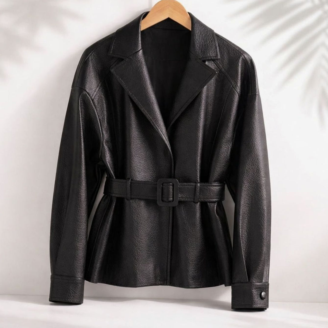 Women's Belted Sheepskin Leather Coat Tailored Blazer Jacket - Black