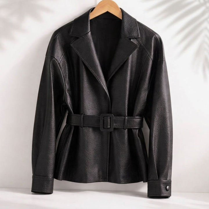 Women's Belted Sheepskin Leather Coat Tailored Blazer Jacket - Black