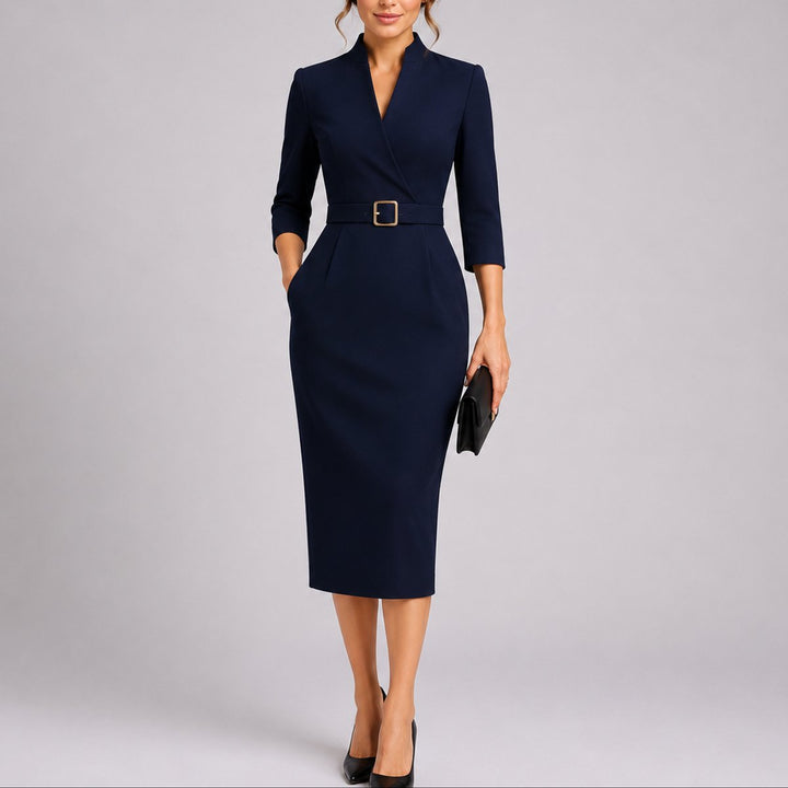 Women's Belted V-Neck Midi Fall Wedding Guest Dresses - Navy