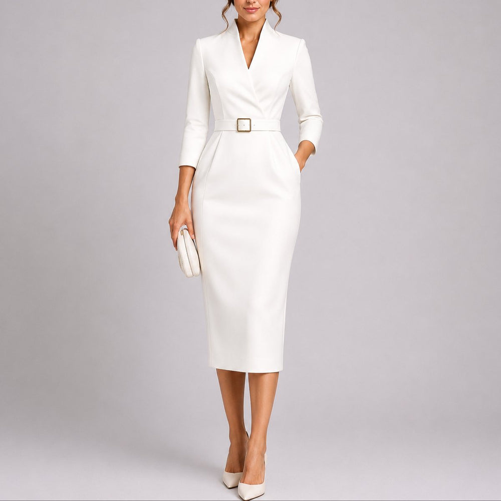 Women's Belted V-Neck Midi Fall Wedding Guest Dresses - White