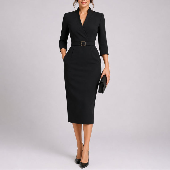 Women's Belted V-Neck Midi Fall Wedding Guest Dresses - Black