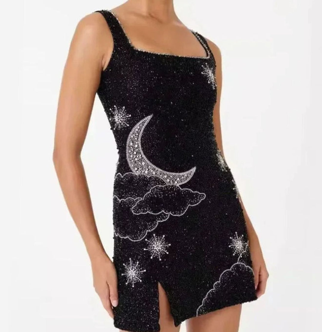 Women's Black Glitter Bodycon Sequin Dress Wide-Strap Mini