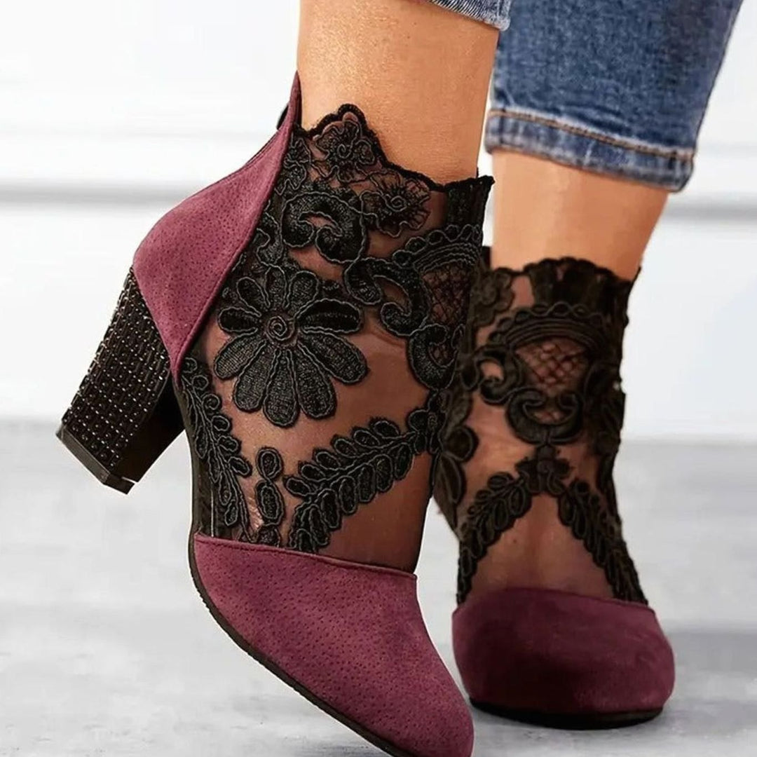 Women's Block-Heel Floral Lace Mesh Ankle Boots - Red