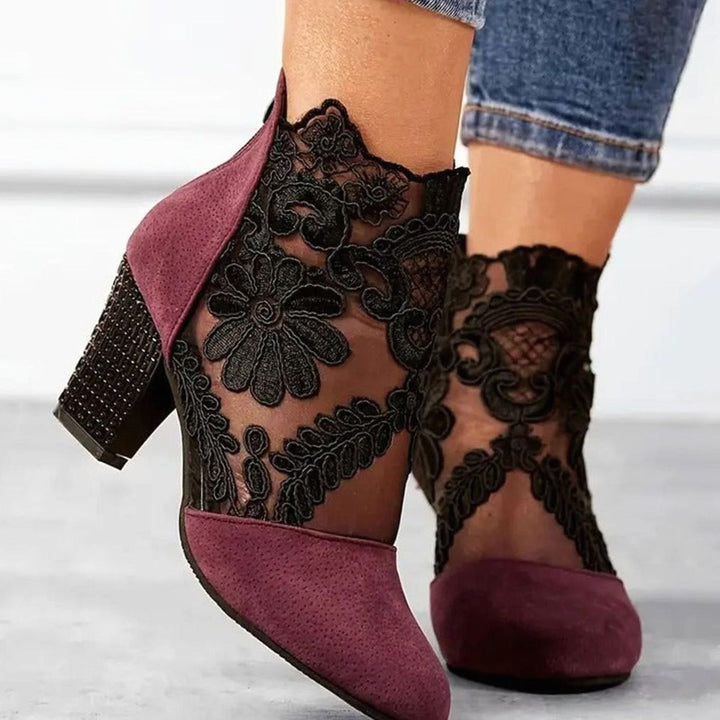 Women's Block-Heel Floral Lace Mesh Ankle Boots - Red