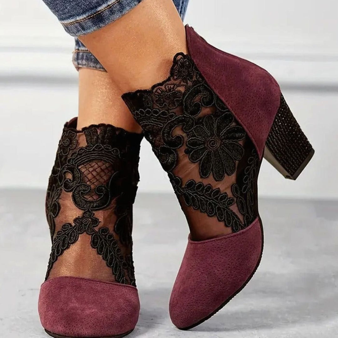 Women's Block-Heel Floral Lace Mesh Ankle Boots