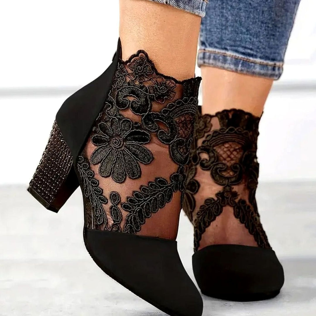 Women's Block-Heel Floral Lace Mesh Ankle Boots - Black