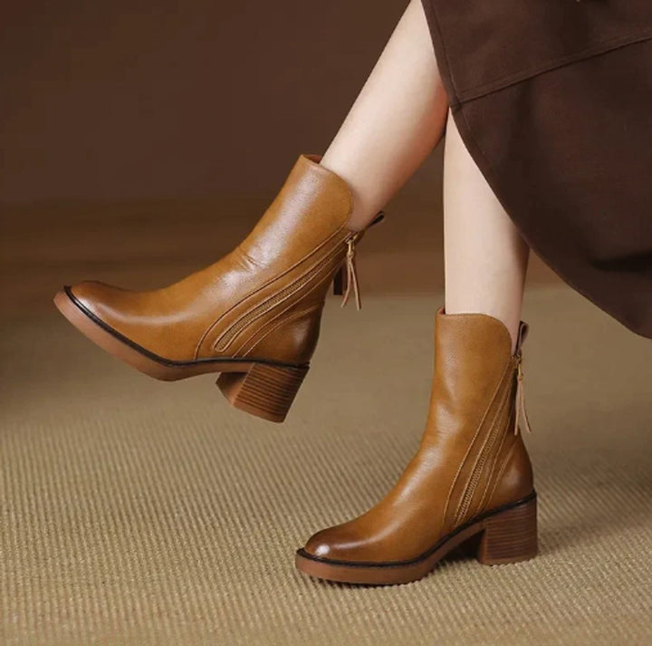 Women's Block-Heel Side-Zip Leather Ankle Boots - Brown
