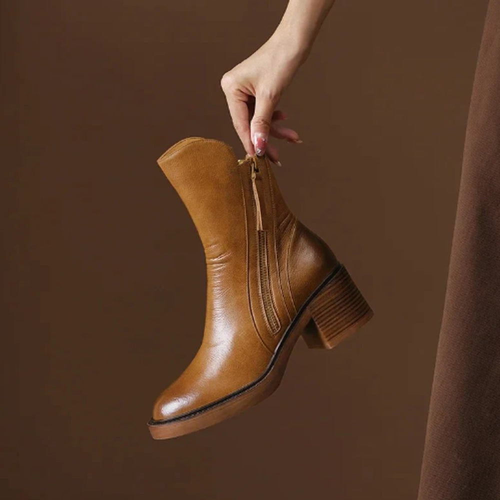 Women's Block-Heel Side-Zip Leather Ankle Boots