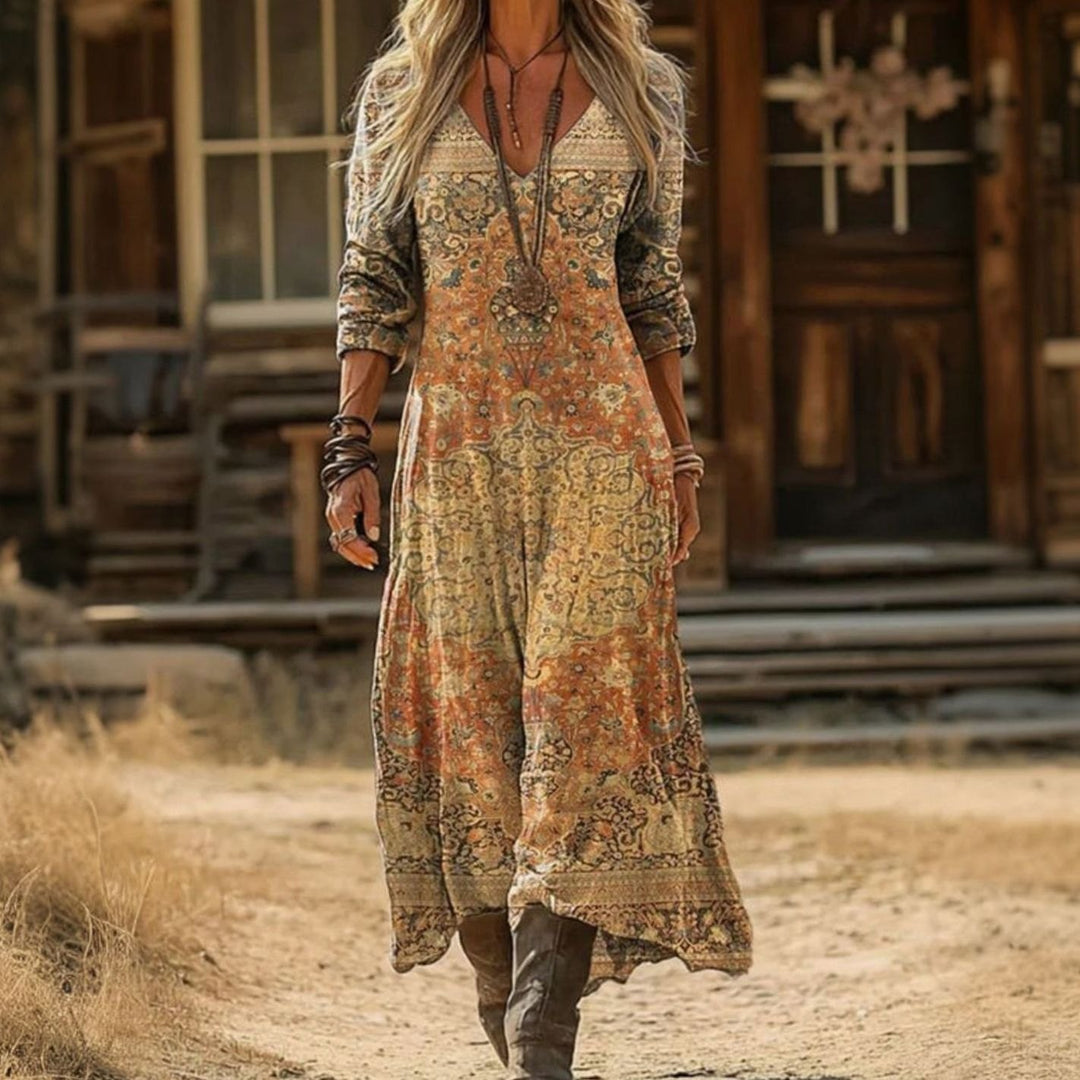Women's Bohemian Long Sleeve V-Neck Vintage Print Maxi Boho Dress - Multicolor