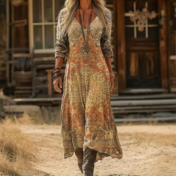 Women's Bohemian Long Sleeve V-Neck Vintage Print Maxi Boho Dress - Multicolor