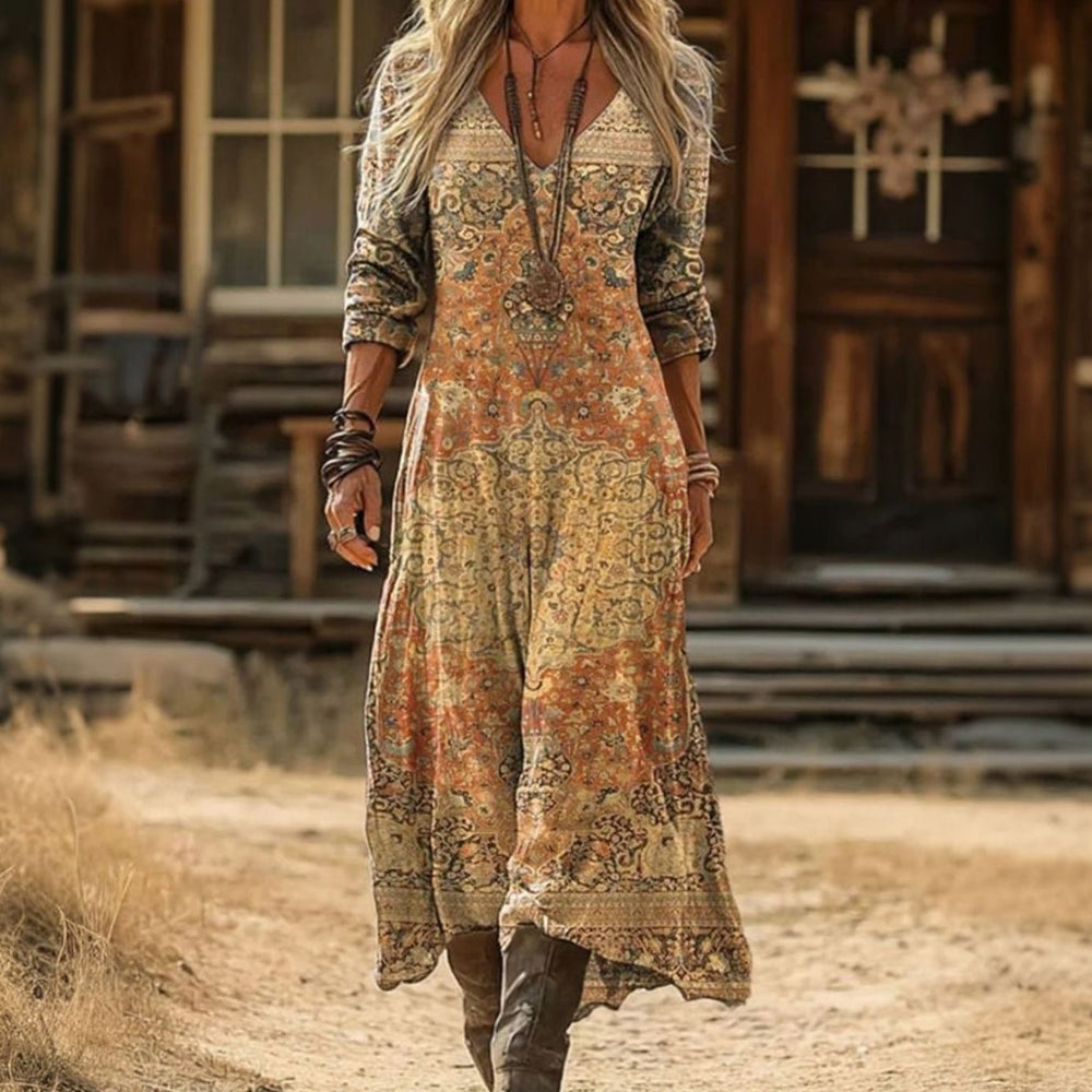 Women's Bohemian Long Sleeve V-Neck Vintage Print Maxi Boho Dress