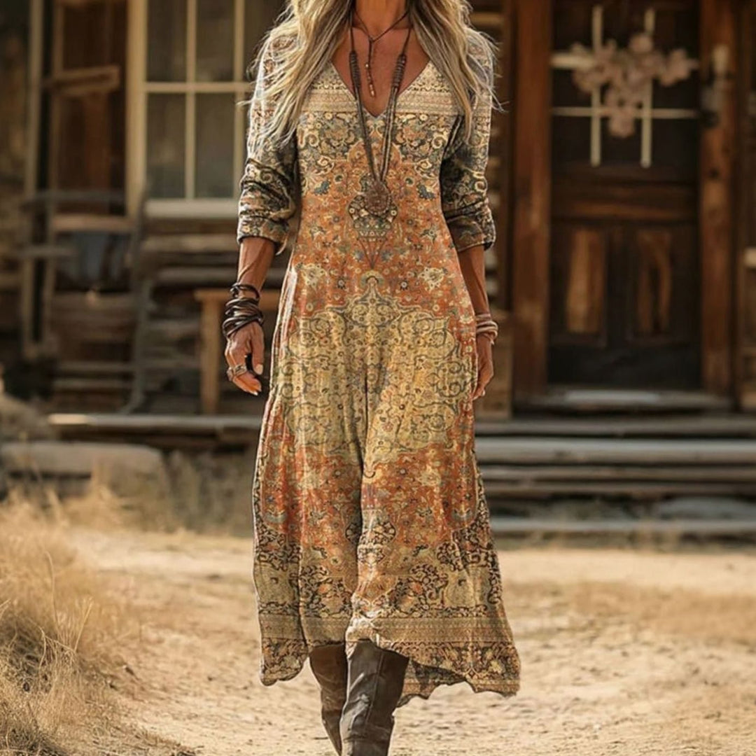 Women's Bohemian Long Sleeve V-Neck Vintage Print Maxi Boho Dress