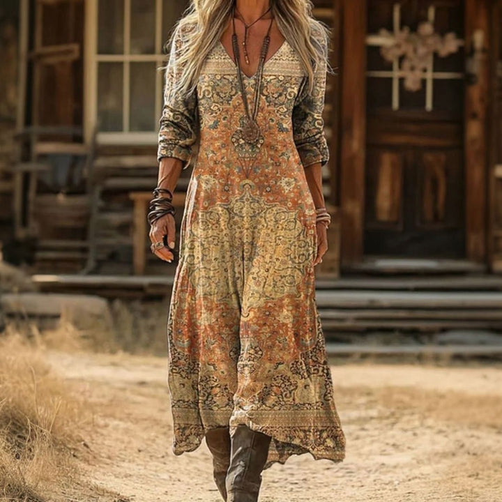 Women's Bohemian Long Sleeve V-Neck Vintage Print Maxi Boho Dress