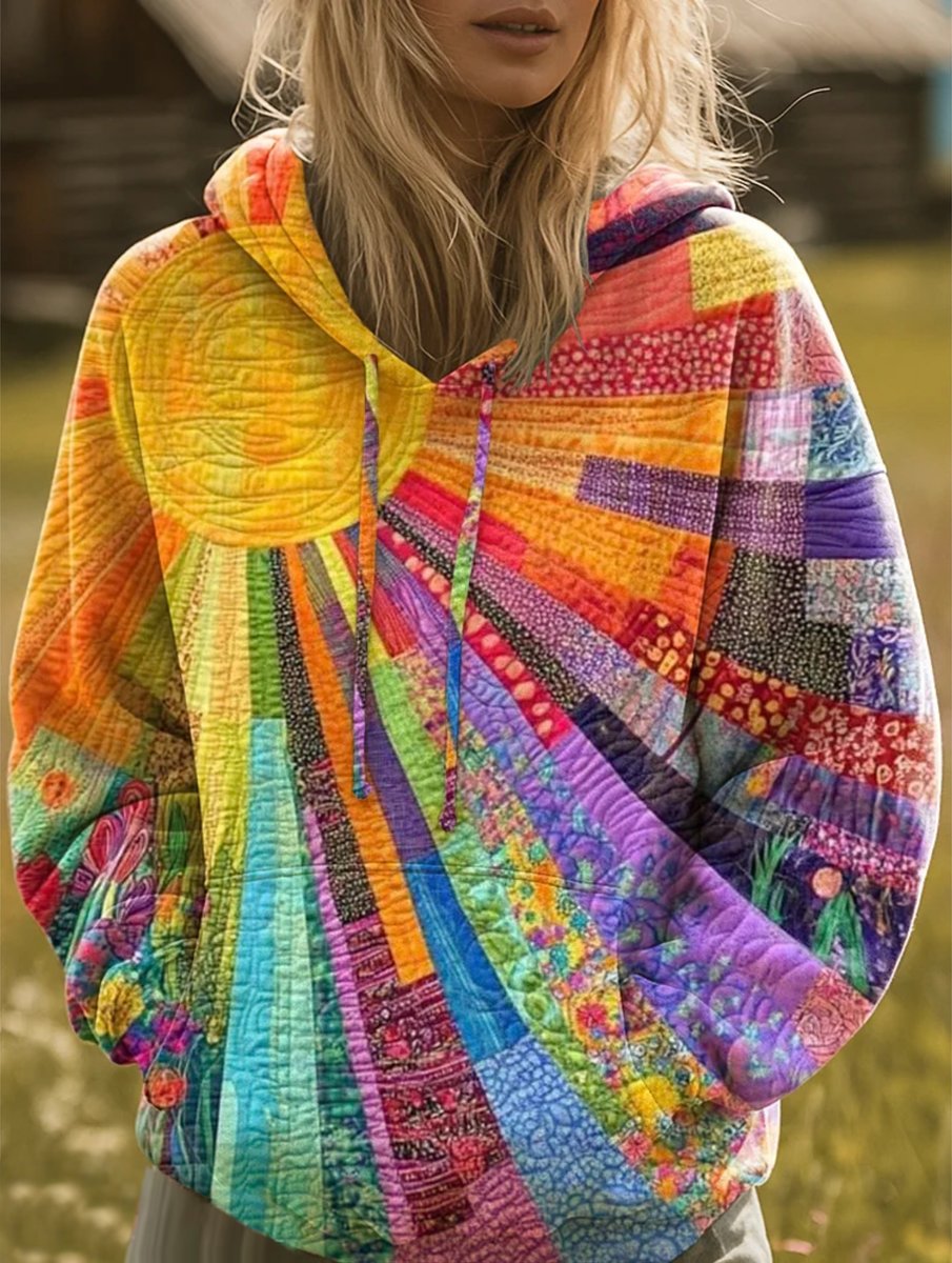Women's Bohemian Quilted Patchwork Pullover Hoodie Sweater - Multicolour