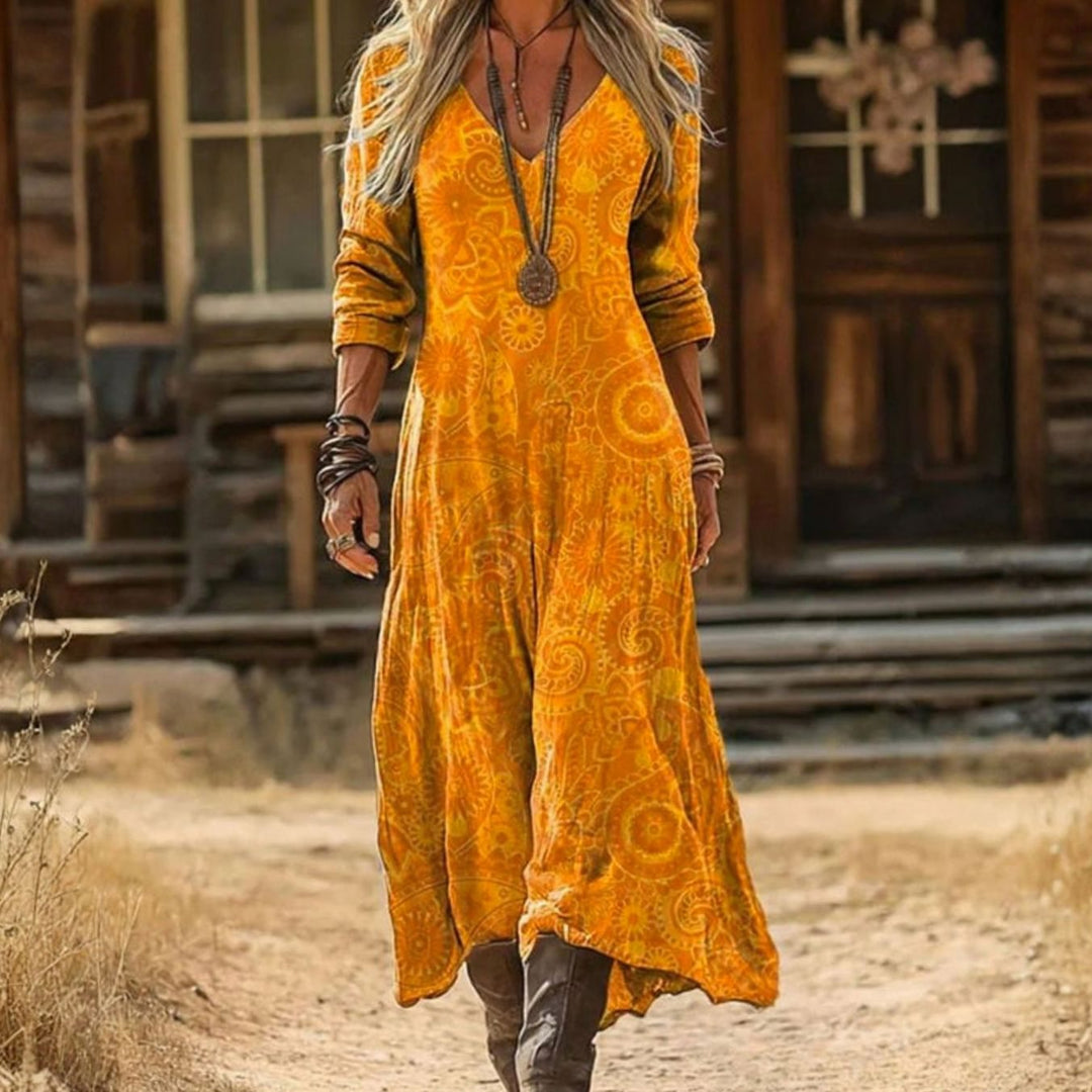 Women's Bohemian V-Neck Long-Sleeve Flowy Maxi Boho Dress - Yellow