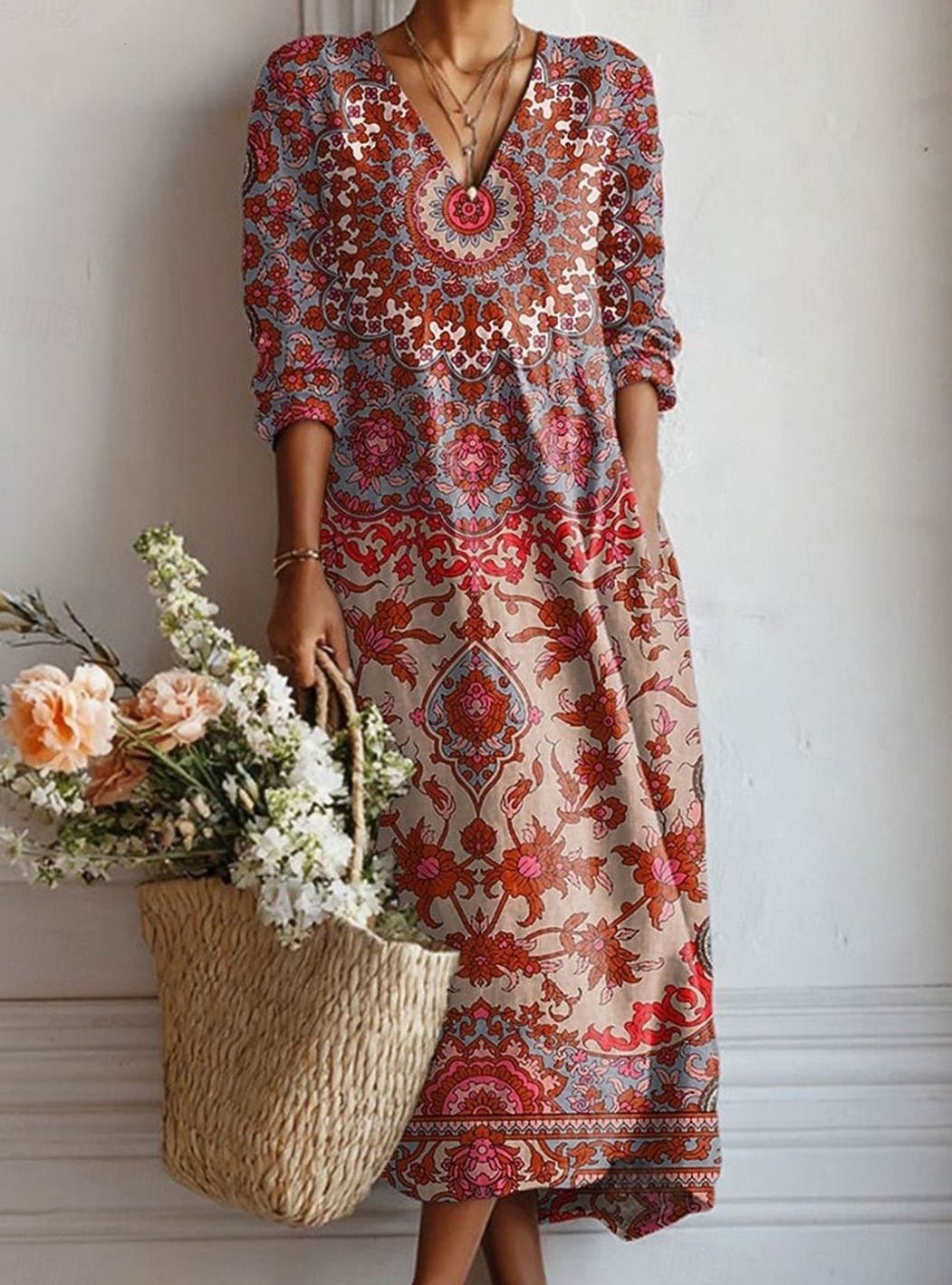 Women's Boho Aztec Print Long-Sleeve V-Neck Maxi Day Dress - Wine Red
