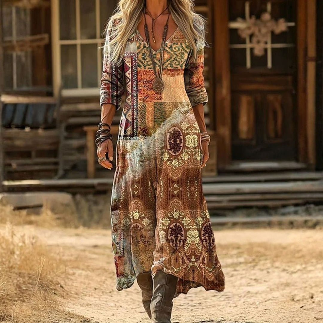 Women's Boho Dress V-Neck Long Sleeve Vintage Flowy Maxi Casual Dress - Multicolor