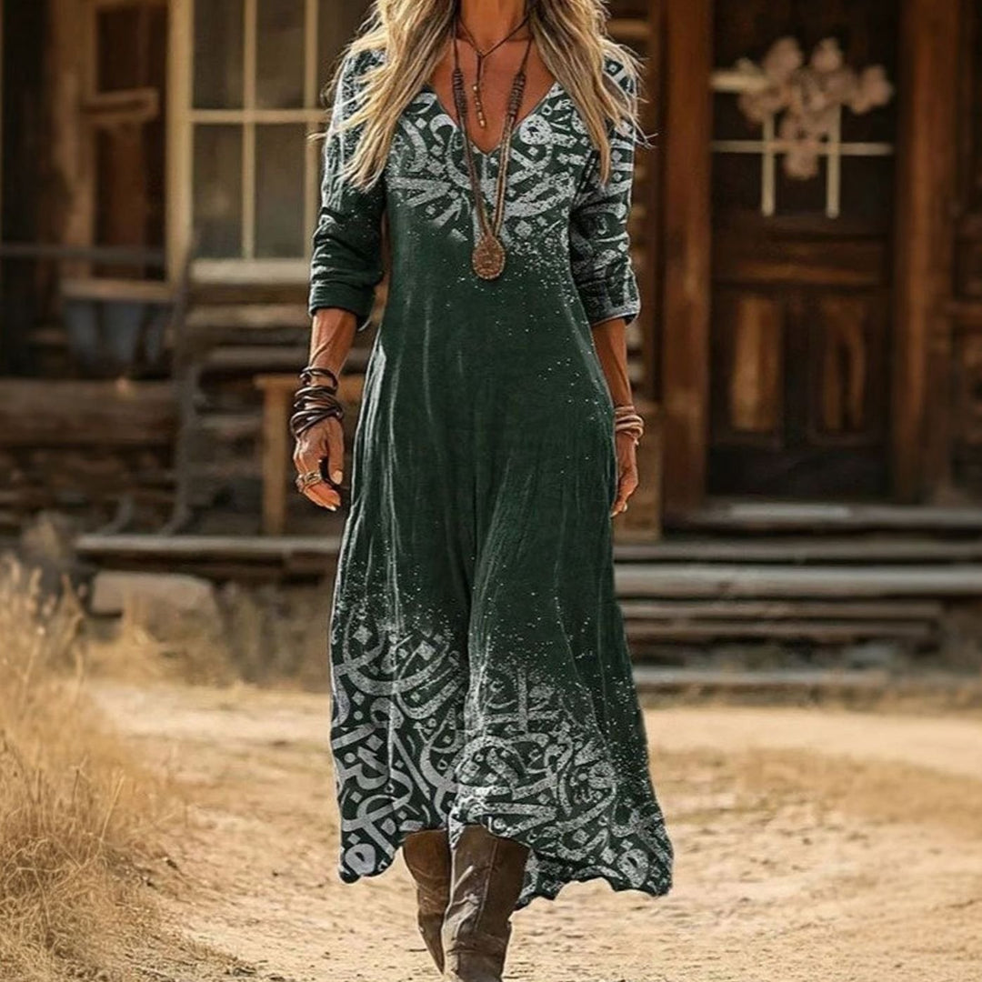 Women's Boho Dress V-Neck Long Sleeve Vintage Print Maxi Dress - Multicolor