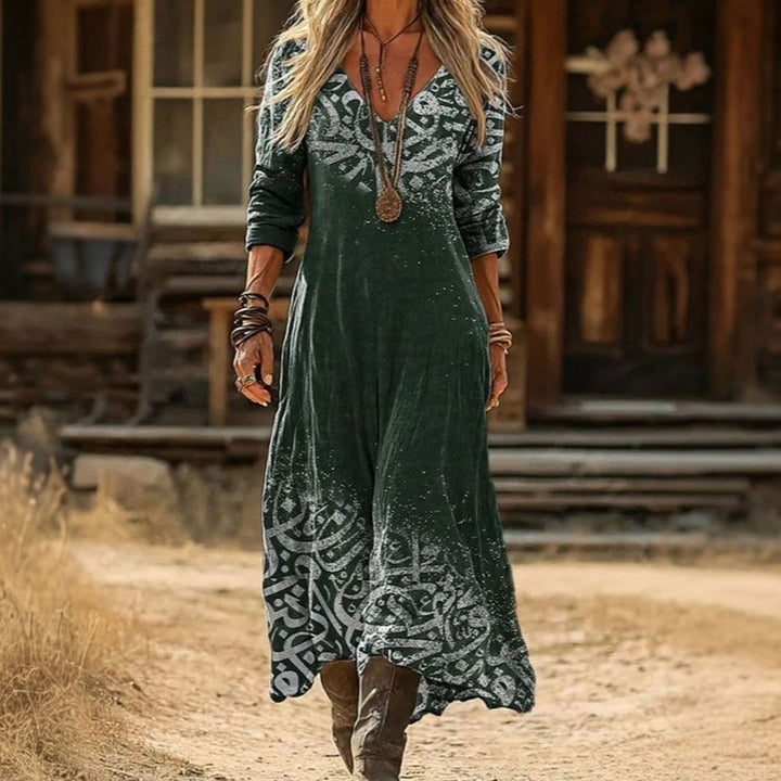 Women's Boho Dress V-Neck Long Sleeve Vintage Print Maxi Dress - Multicolor