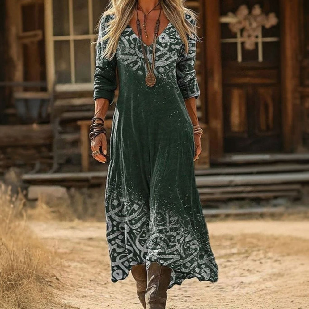 Women's Boho Dress V-Neck Long Sleeve Vintage Print Maxi Dress