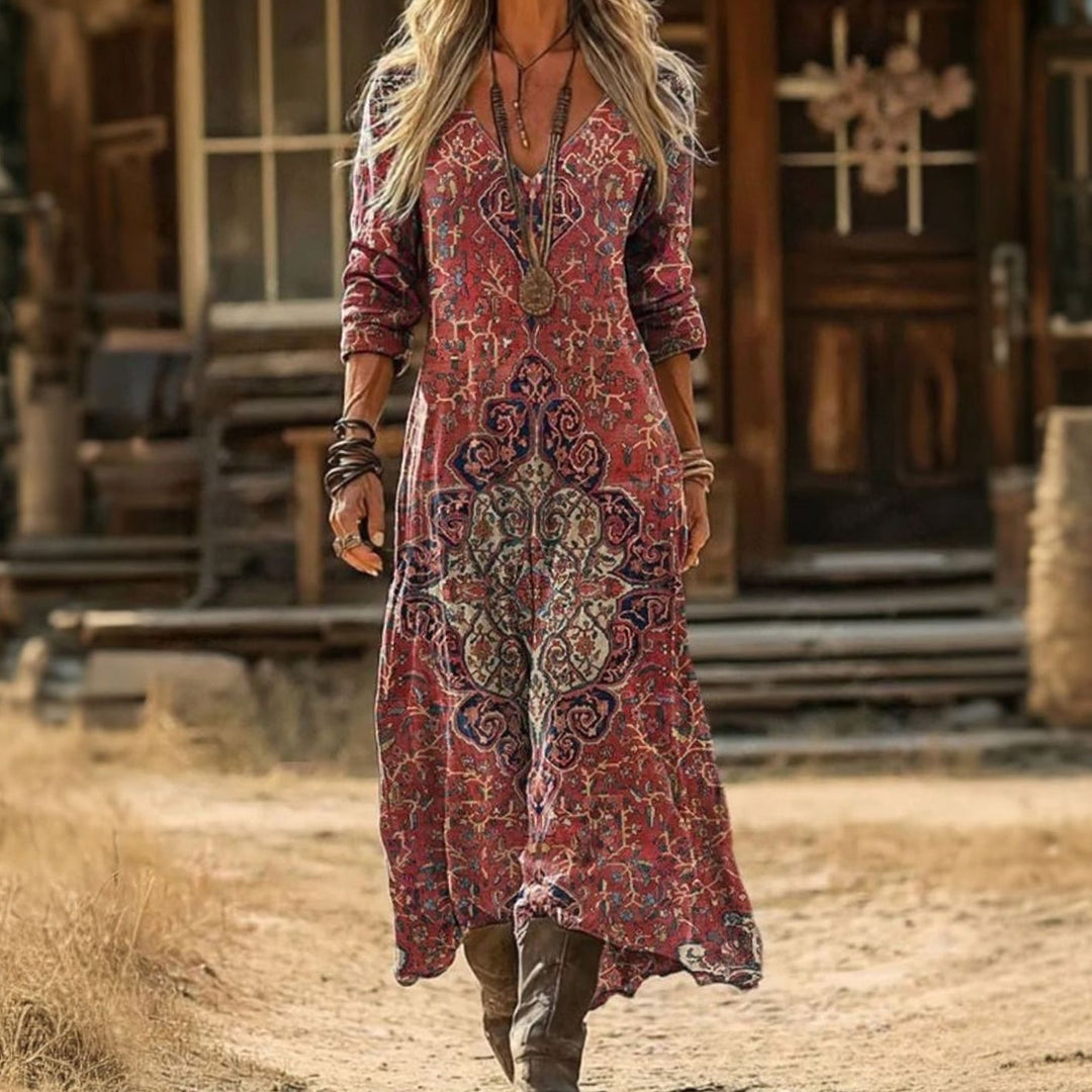 Women's Boho Dress Vintage Mandala Print V-Neck Maxi Dress - Red