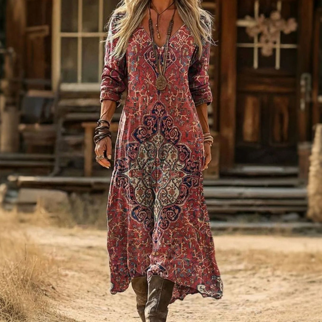 Women's Boho Dress Vintage Mandala Print V-Neck Maxi Dress