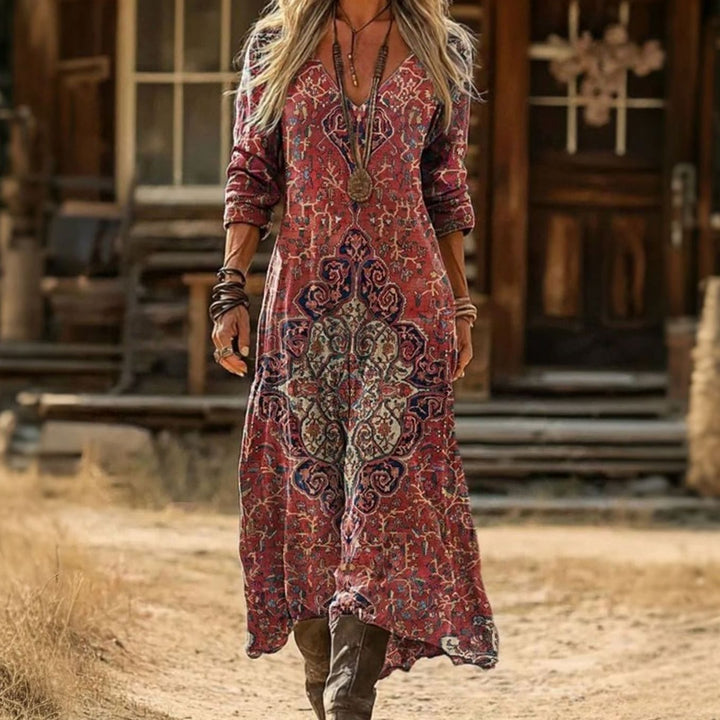 Women's Boho Dress Vintage Mandala Print V-Neck Maxi Dress