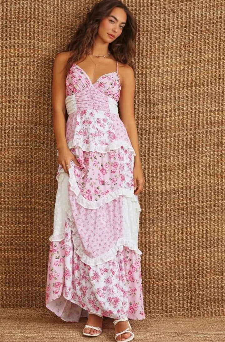 Women's Boho Floral Patchwork Tiered Ruffle Maxi Dress - Pink