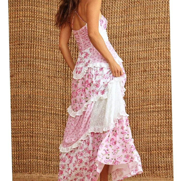 Women's Boho Floral Patchwork Tiered Ruffle Maxi Dress