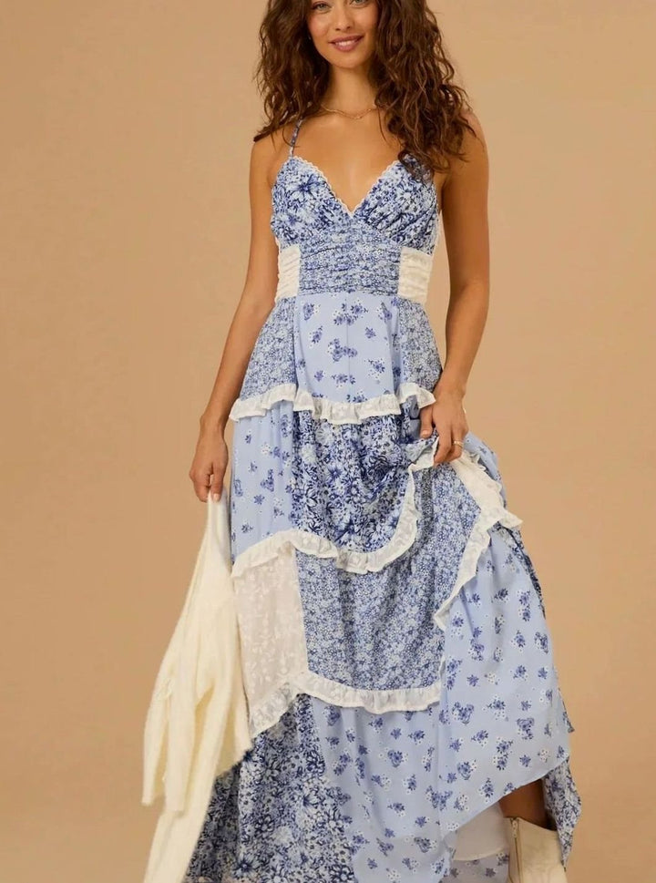 Women's Boho Floral Patchwork Tiered Ruffle Maxi Dress